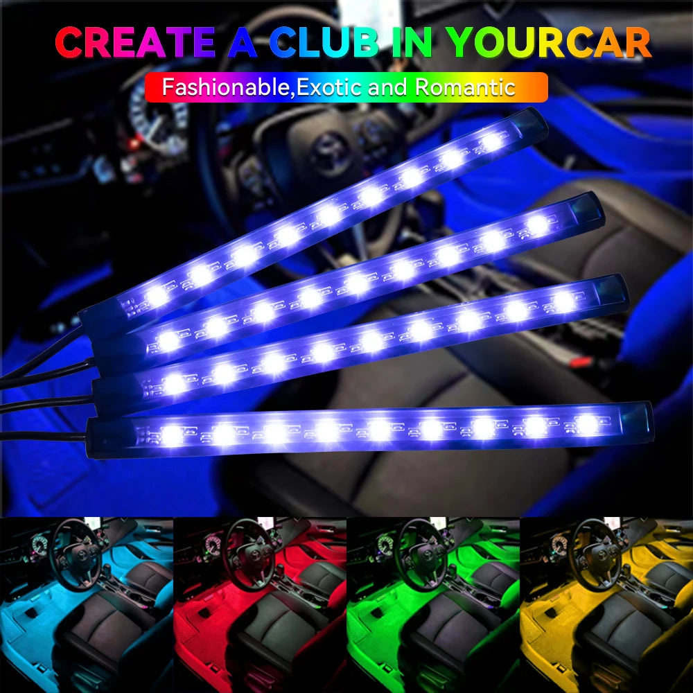 4 IN 1 Car Automotive Ambient Light Neon Foot Light Interior LED Ambient Light Car USB/Cig Music Light Environment Decoration