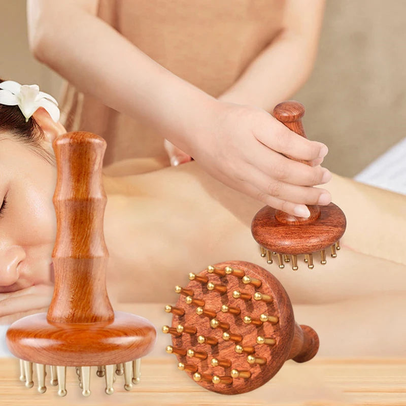 29-Tooth Solid Brass Meridian Brush Craftsmanship Wooden Handle Massager Brush Multipurpose Beauty & Body Shaping Massage Tool.