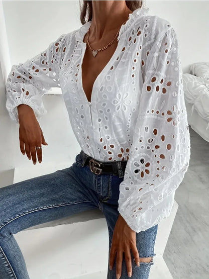 New Loose Elegant V Neck Hollow Out Lace Shirt Long Sleeve Fashion Women Office Sweet Blouse Casual Ruffle Solid Color Top