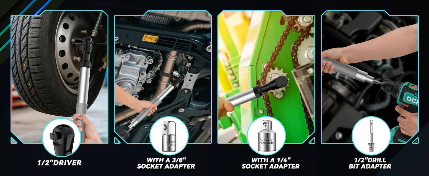 Offset Impact Extension Wrench Ratchet Wrench Chain Drive Wrench Extender with 1/2" Socket Bit Adapter for Auto Repair