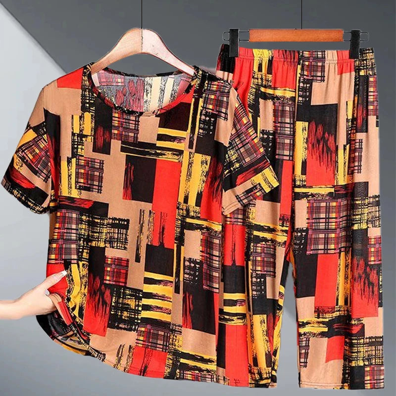 Ice Silk Two-Piece Set for Mom Summer Casual Short Sleeve Large Size Elderly Women's Fashionable Stripe And Plaid Ensemble