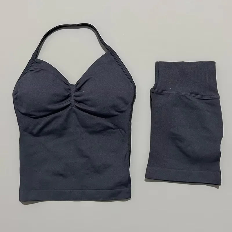 HISTELLO 2 Pieces Sports Set Women Yoga Longline Strap Top Scrunch Seamless Shorts Sport Gym Set Sportswear Workout Fitness Set