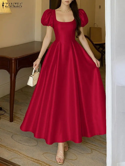 ZANZEA Elegant Chic Women Satin Wedding Guest Party Long Dresses Square Neck Short Puff Sleeve Fitted Waist A-Line Dress S-3XL
