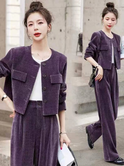 Fashionable Corduroy Set Women's Autumn Winter New Style Elegant Lady Fragrance Wind Coat Wide Leg Pants Two Piece Suit