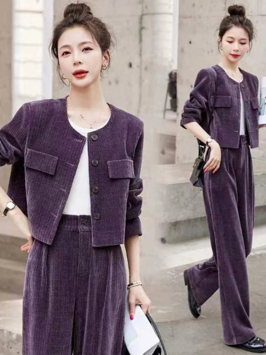 Fashionable Corduroy Set Women's Autumn Winter New Style Elegant Lady Fragrance Wind Coat Wide Leg Pants Two Piece Suit