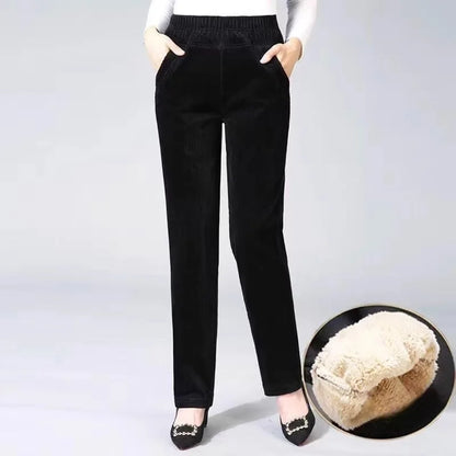 Thickened Fleece Corduroy Pants High Waist Harlan Style Winter 2024 New Women's Casual Trousers Elastic Waist Pocket Detail