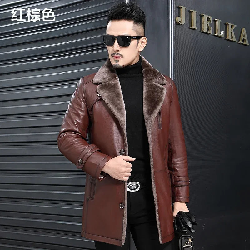 YOLANFAIRY Natural Leather and Fur Jackets for Men Midium Pure Sheepskin Genuine Leather Jacket Lapel Mens Winter Coat Thick 6XL
