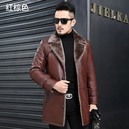 YOLANFAIRY Natural Leather and Fur Jackets for Men Midium Pure Sheepskin Genuine Leather Jacket Lapel Mens Winter Coat Thick 6XL