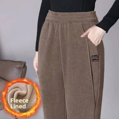 High Waist Thickened Fleece Women's Pants Autumn Winter Casual Loose Mom Pants Harlan Style Pocket Detail Elastic Waist