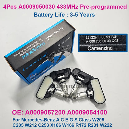  4Pcs TPMS Sensors A0009050030 A0009057200 0009050030 433MHZ For Mercedes-Benz A C E G S Class W205 C205 C300 W212 C253 X166