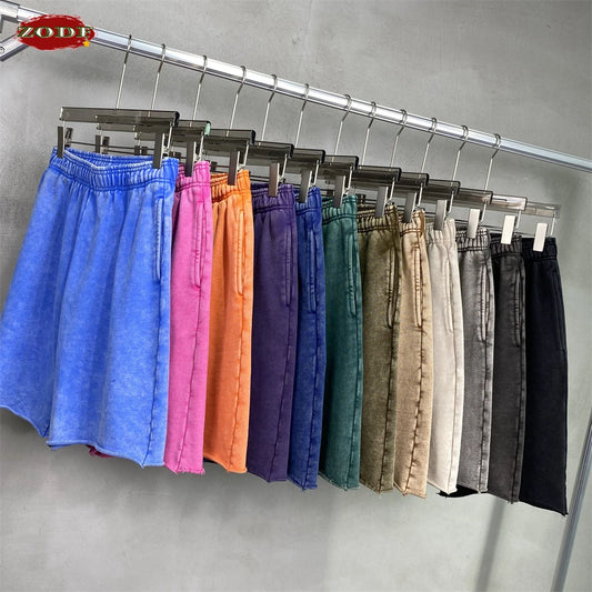 ZODF Vintage Men Summer Batik Washed Cotton Shorts Unisex High Street Distressed Loose 420gsm Short Pants Brand Clothes HY0817