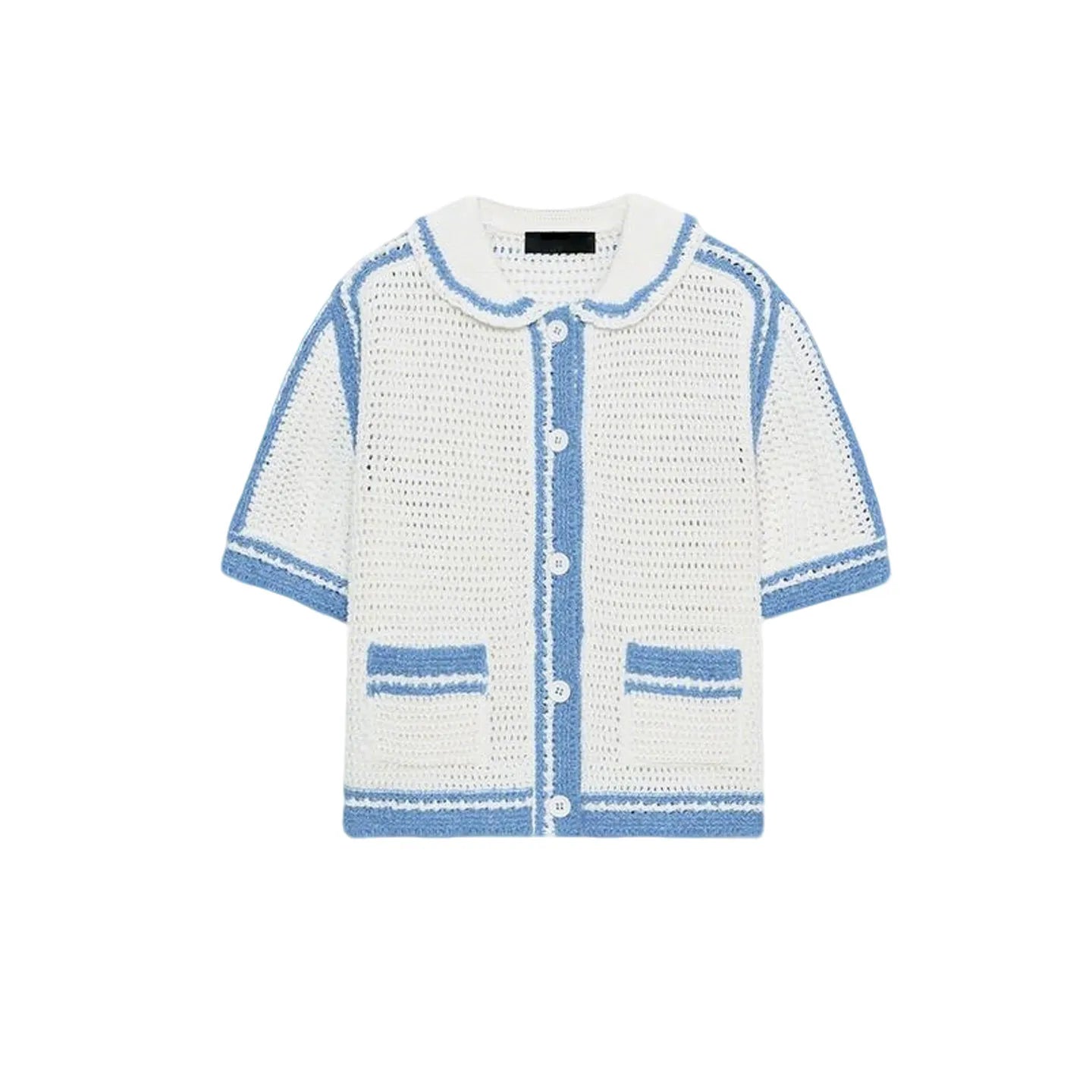 New Summer Women's Loose Fit  Knitwear Short Sleeve High Collar Chest Pocket Design Hollow out Casual Fashion Top