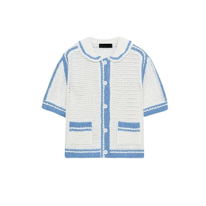 New Summer Women's Loose Fit  Knitwear Short Sleeve High Collar Chest Pocket Design Hollow out Casual Fashion Top