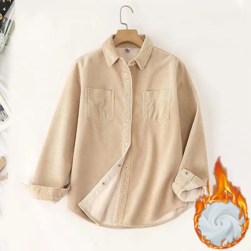 Autumn Winter Thickened Fleece Women's Long Sleeve Shirt Pure Color Corduroy Open Cardigan Loose Top Outerwear Jacket