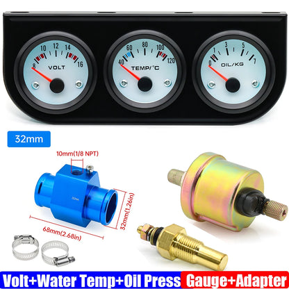 3IN1 Triple Meter Kits Gasoline Car 12V 52mm Voltage+Water Temp+Oil Pressure Gauge with Sensor Radiator Hose Adapter 26MM-40MM