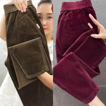 Autumn Winter Thickened Corduroy Casual Harlan Pants for Mom High Waist Loose Fit Straight Leg Casual Outerwear Polyester Fiber