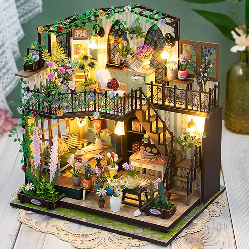Wooden Miniature Doll House 3D Puzzle Assembly Building Model Kits Small Room Home With Furniture Lighting Wooden Toys For Gifts