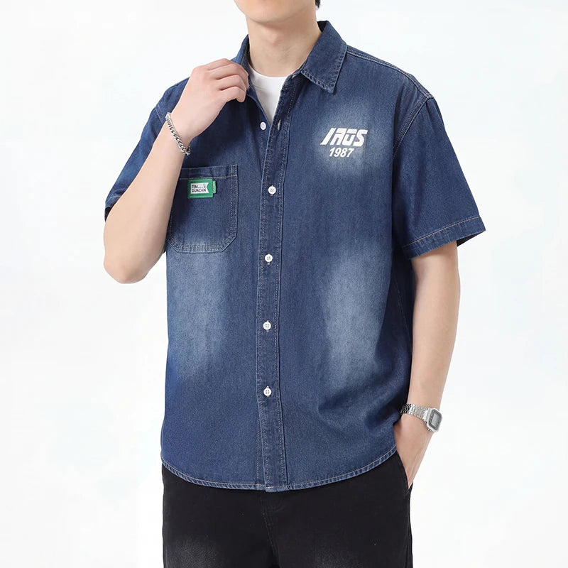 Men's Thin Denim Shirt New Summer Fashion Breathable 100% Cotton Lightweight Loose Short Sleeve Top Streetwear Daily Commute