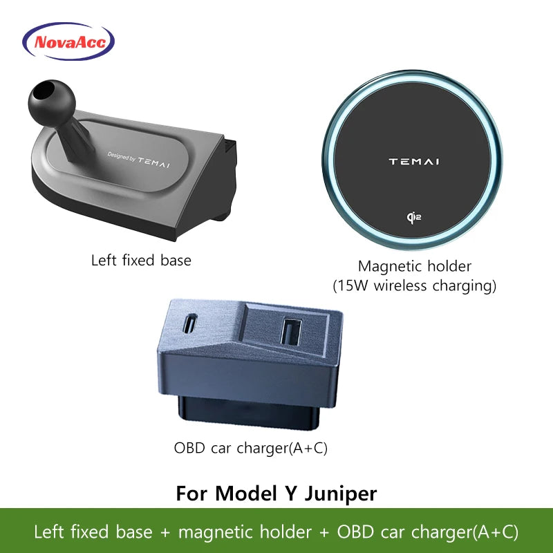 NovaAcc Magnetic Wireless Charging Mount For Tesla Model Y Juniper Model 3 Highland 2024-2026 Left Right Rudder Car Phone Holder