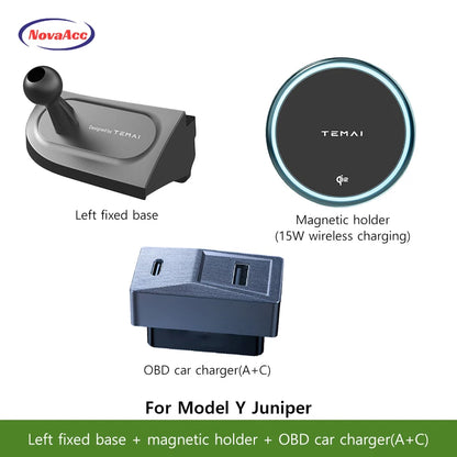 NovaAcc Magnetic Wireless Charging Mount For Tesla Model Y Juniper Model 3 Highland 2024-2026 Left Right Rudder Car Phone Holder
