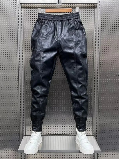 Men's Fleece Lined Windproof Biker Leather Pants Thickened Casual Loose Fit Long Trousers Autumn Winter Fashion Trendy