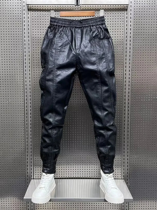 Men's Fleece Lined Windproof Biker Leather Pants Thickened Casual Loose Fit Long Trousers Autumn Winter Fashion Trendy