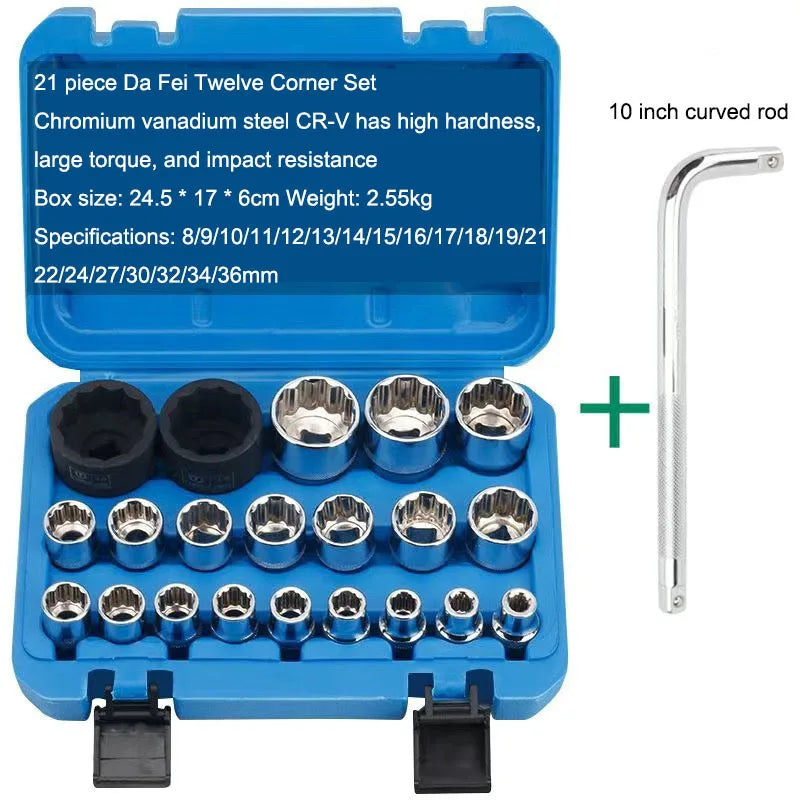 21 Pcs 1/2 Hexagon Torx Sockets Set Ratchet Wrench Tool 8-36mm Specification Socket Head Set Auto Repair Equipment