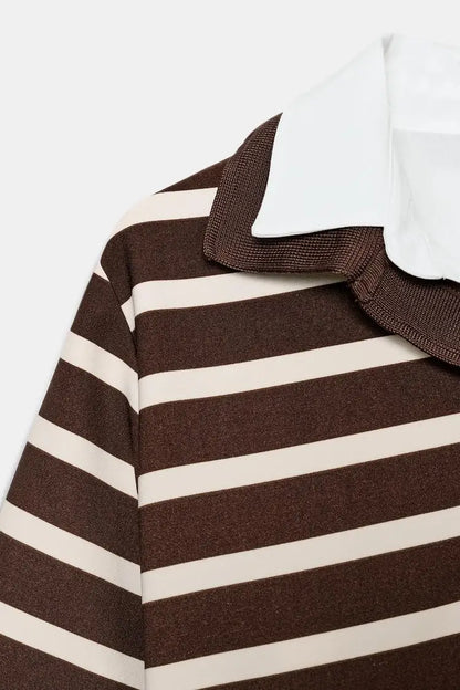 Spring New Women's Short Sleeve  Shirt Neck Splicing Stripe Pattern Casual Loose Fit Polyester Fiber Creative Design