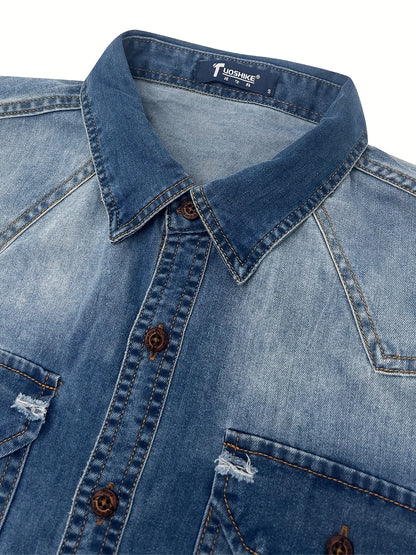 Men's Denim Shirt Long Sleeve Fashion New Style Shirt Casual Jacket High-end Feeling Double Pocket Washed Denim Shirt Turn-down