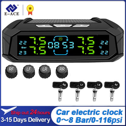 E-ACE Solar TPMS Car Tire Pressure Monitoring System Digital Clock Wireless Alarm Sensor 0-116psi Auto Safety for Cars Trucks