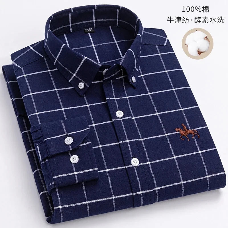 New 100% Cotton Oxford Shirt For Men's Long Sleeve Solid Casual Business Regular-Fit Formal Dress Shirts Social Blouse S-6XL