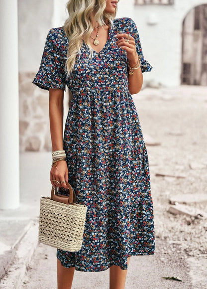 Msfilia Fashion V Neck Elegant Printed Dress Women Summer Short Sleeve High Waist A Line Floral Holiday Dresses