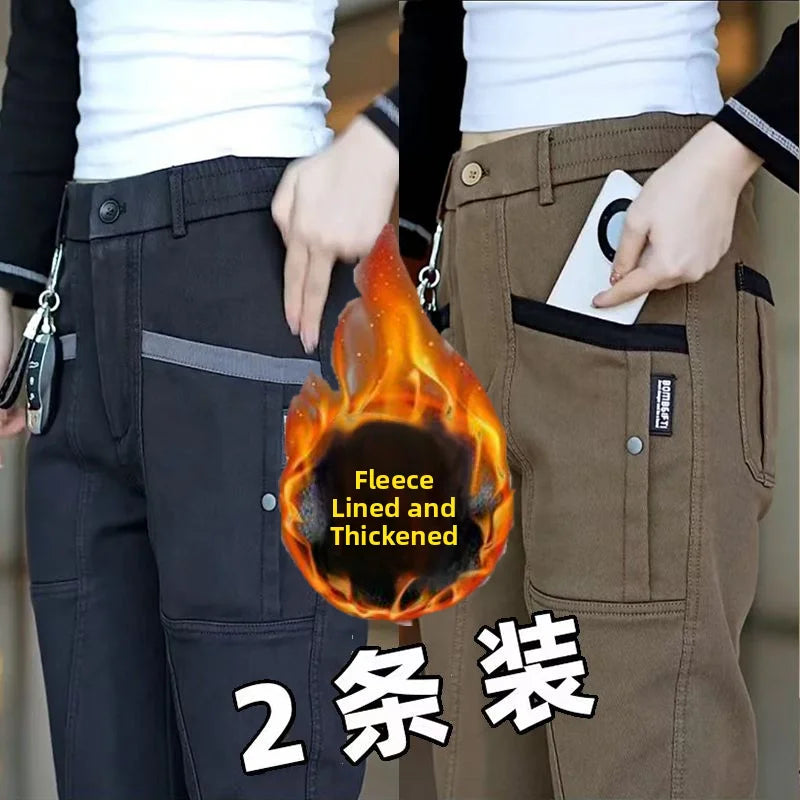 Men's Workwear Pants Elastic Waist Multi-Pocket Straight Leg Autumn Winter Durable Polyester Fiber Casual Trousers