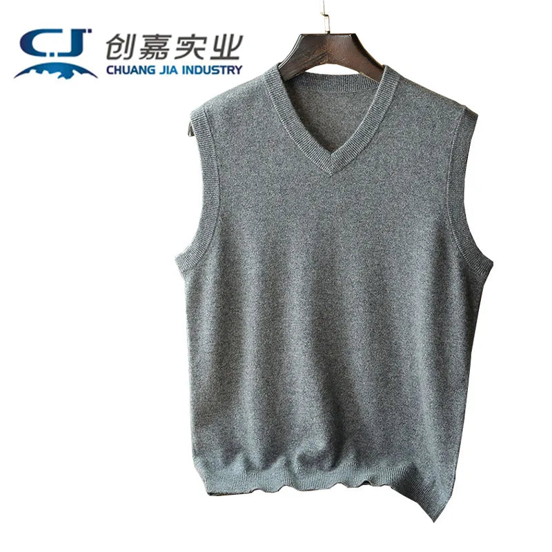 Autumn and Winter Men 100% Cashmere T-shirt V-neck Vest Simple Generous Wool Jumper Blue Soft Skin Breathable Men's Clothing