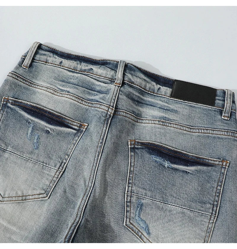 Retro Men's Light Blue Jeans Y2K Fashion High Street Hip Hop Brand Pants with Perforation Patch Nostalgic Washed Letter Design