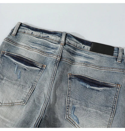 Retro Men's Light Blue Jeans Y2K Fashion High Street Hip Hop Brand Pants with Perforation Patch Nostalgic Washed Letter Design