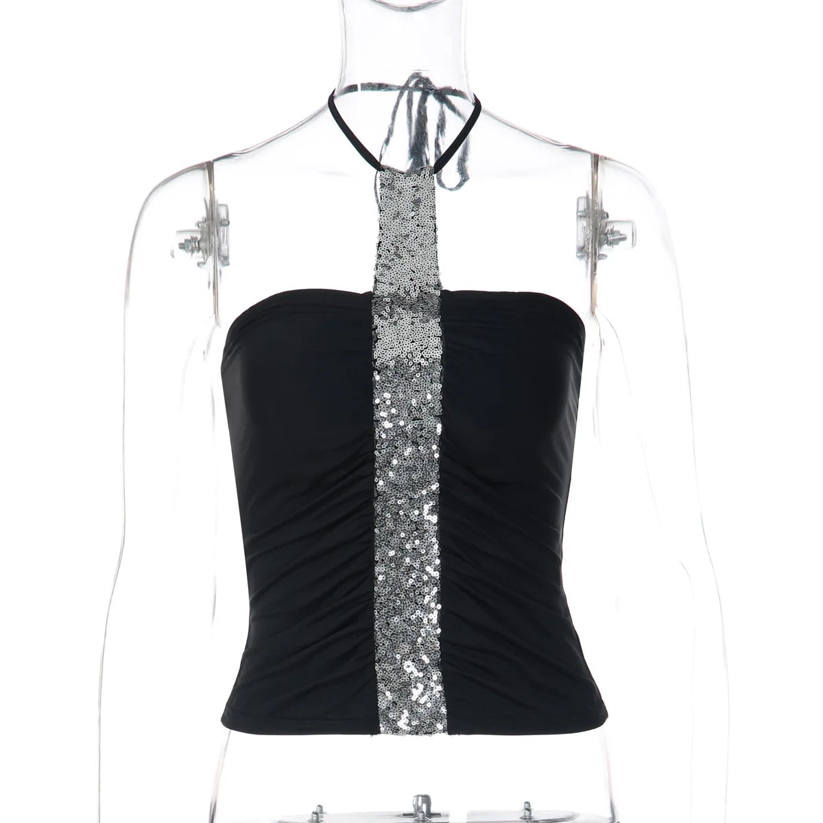Women Sexy Halter Neck Lace-up Backless Camisoles Y2K Streetwear 2026 Summer Sequins Patchwork Folds Crop Tops Girls Slim Corset