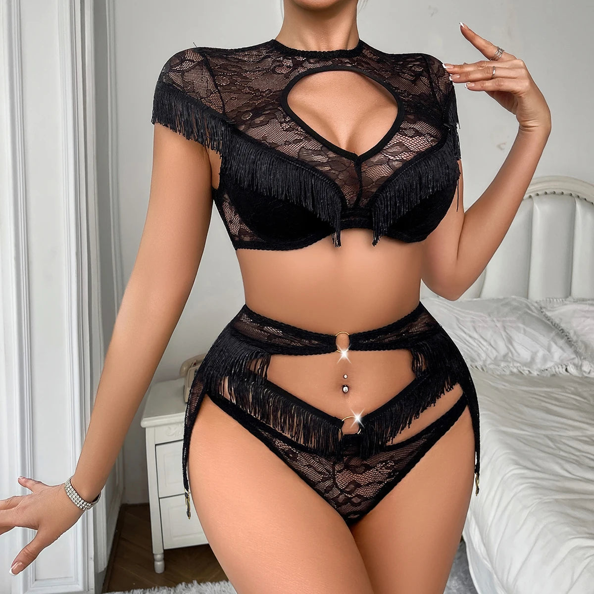 Light Chinese style tassel decoration, perspective splicing, lace shaping, backless, and airy sexy lingerie three piece set