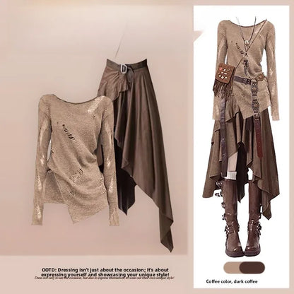 Fall Travel Set Women's Vintage Spicy Hollow Knitted Top with Mellerd Asymmetrical  Skirt Two-Piece Set Casual Style