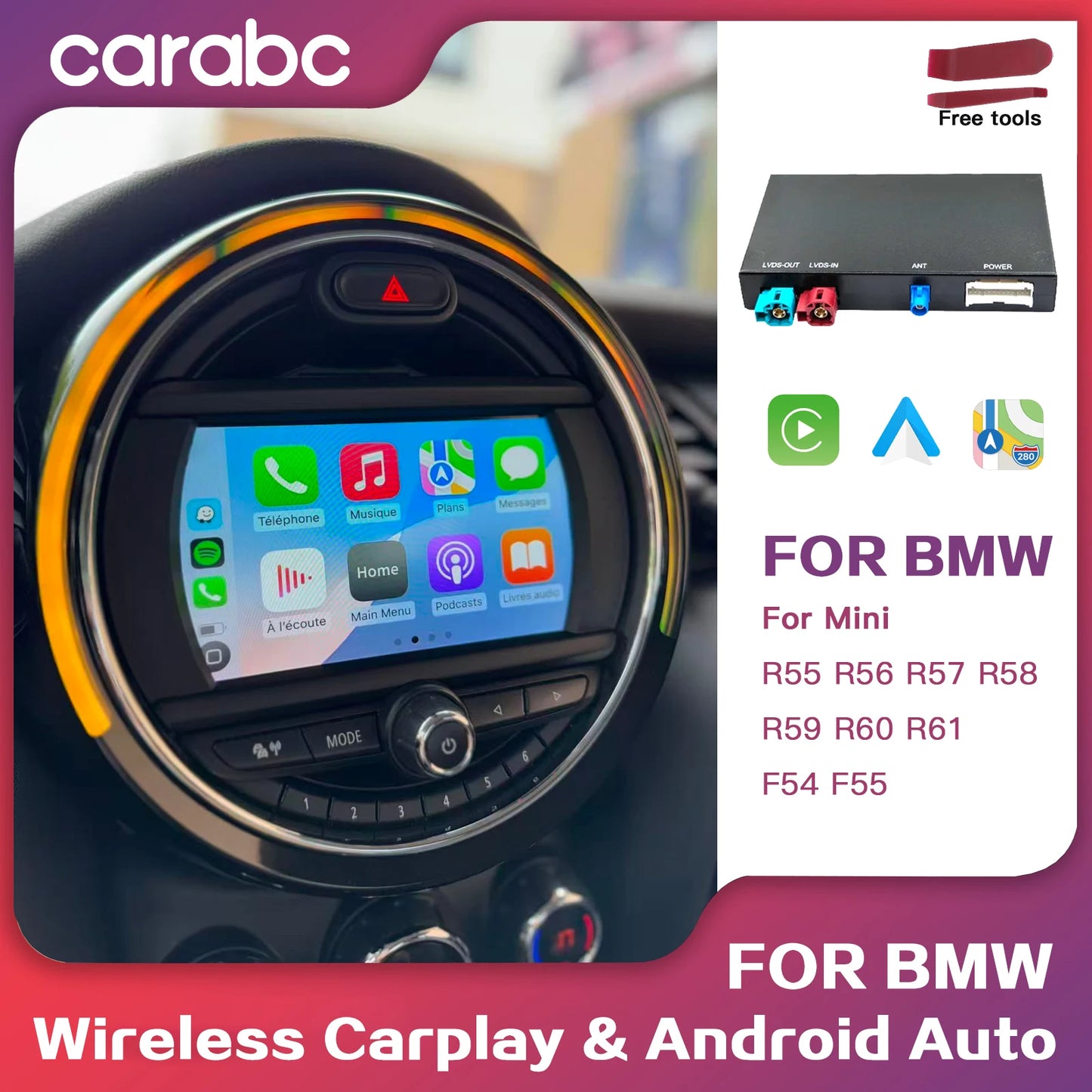 Wireless CarPlay Android Auto for BMW Mini R55 R56 R57 R58 R59 R60 R61 F54 F55 Clubman Countryman Hardtop John Cooper F56 F57