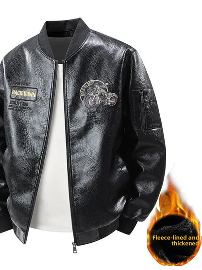 Leather Jacket Men's Baseball Collar Fleece Lined Thick Loose Casual Trendy Motorcycle Clothes Jacket Embroidered Outerwear