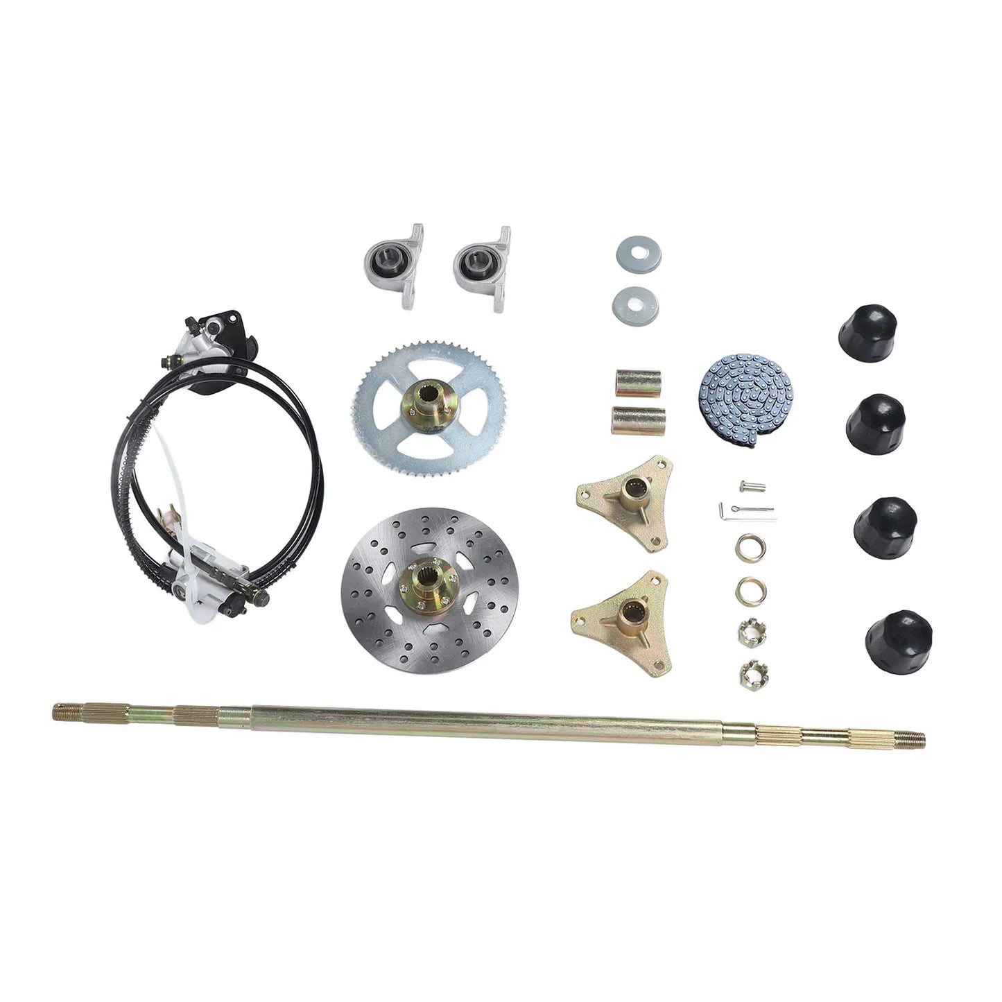 Go Kart Rear Axle Assembly 29in Axle Length Sturdy Chain Sprockets Disc Brake Calipers Kit for 50cc 70cc 90cc ATV Quads