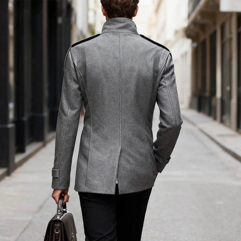 Men's Double-breasted Woolen Overcoat Fashion Solid Color Mid-length Jacket Luxury Light Business Stand Collar Trench Coat M-3XL