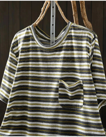 Women Summer Short-sleeve T-shirt 2026 Summer New Stylish Striped Single-pocket Loose T-shirt ZXY154