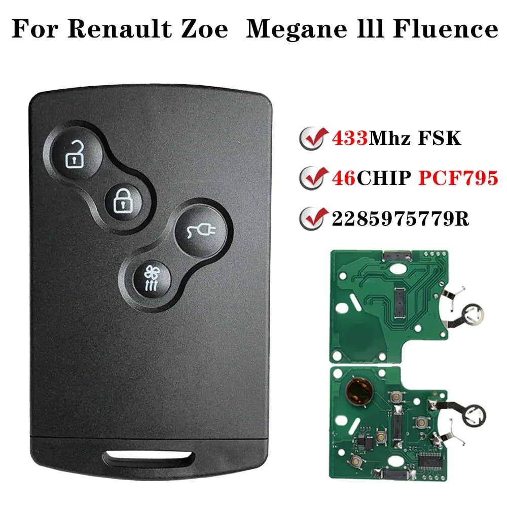 For 2009 - 2015 Renault Zoe Megane III Fluence Laguna III Scenic  Keyless Smart Card Car Key PCF7952A 433MHz