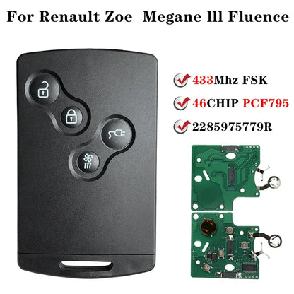 For 2009 - 2015 Renault Zoe Megane III Fluence Laguna III Scenic  Keyless Smart Card Car Key PCF7952A 433MHz