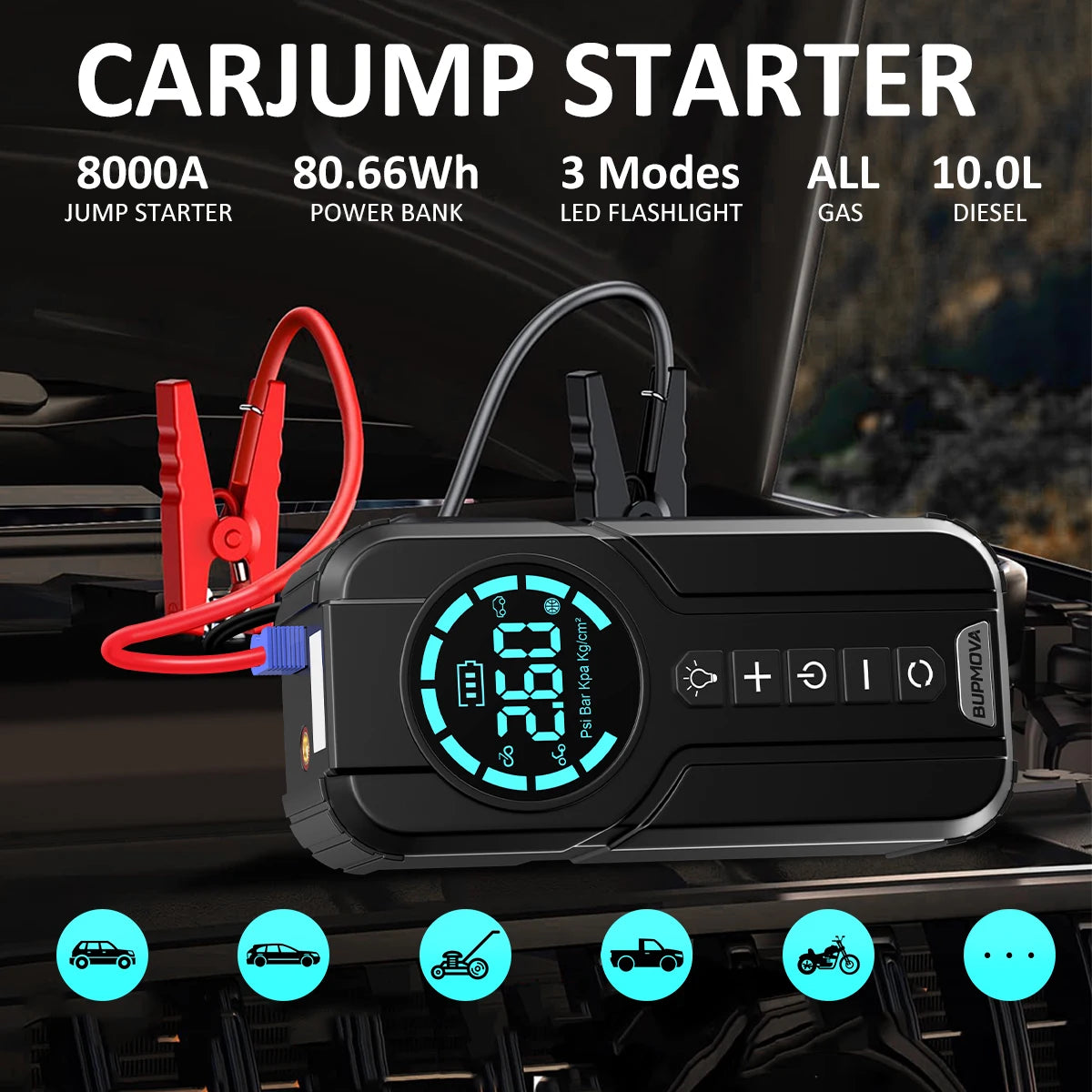 Car Jump Starter with Air Compressor Peak  Auto Battery Booster 150PSI Air Pump Portable Power Bank Tire Inflator Lighting