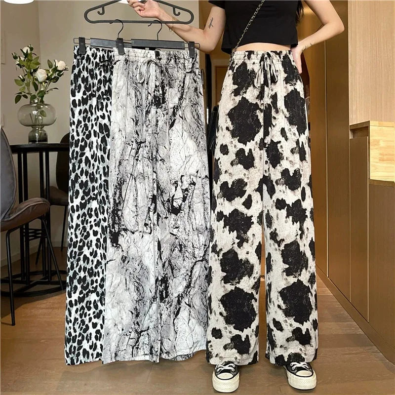 Summer Casual Loose Wide Leg Pants Women's Tie Dye Ink Ice Silk Loose Leopard Print Ethnic Style Long Pants Casual Trousers