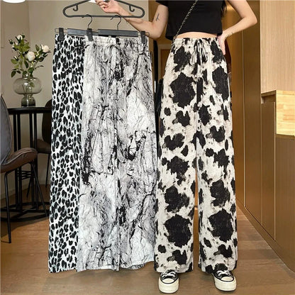 Summer Casual Loose Wide Leg Pants Women's Tie Dye Ink Ice Silk Loose Leopard Print Ethnic Style Long Pants Casual Trousers