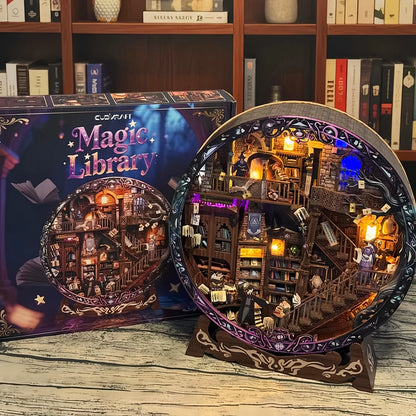 DIY Wooden Magic Library Casa Miniature Model Kits With LED Lights Dollhouse with Furniture 3D Puzzle for Friends Birthday Gifts